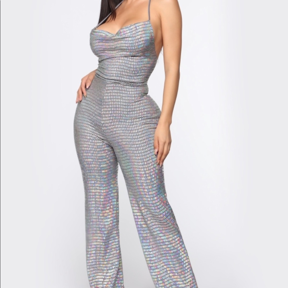 Fashion Nova Silver Holographic Wide-Leg Jumpsuit - Picture 1 of 3